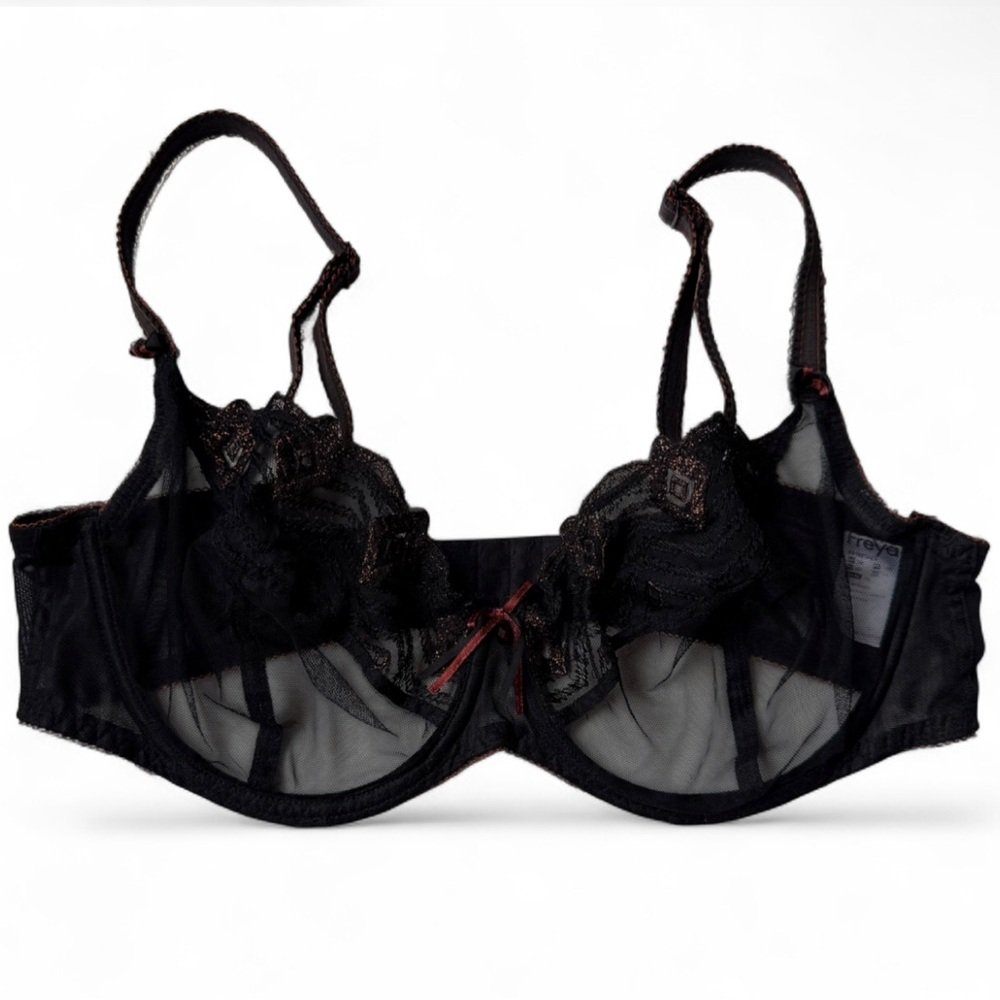 Freya Black Sheer Lace Underwire Bra 38E Mesh Lingerie Romantic Gothic Unlined